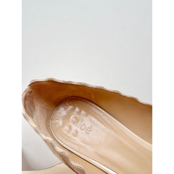 CHLOE Lauren Nude Patent Leather Scalloped Round Toe Block Heel Pumps, Size 38.5 - Picture 3 of 15